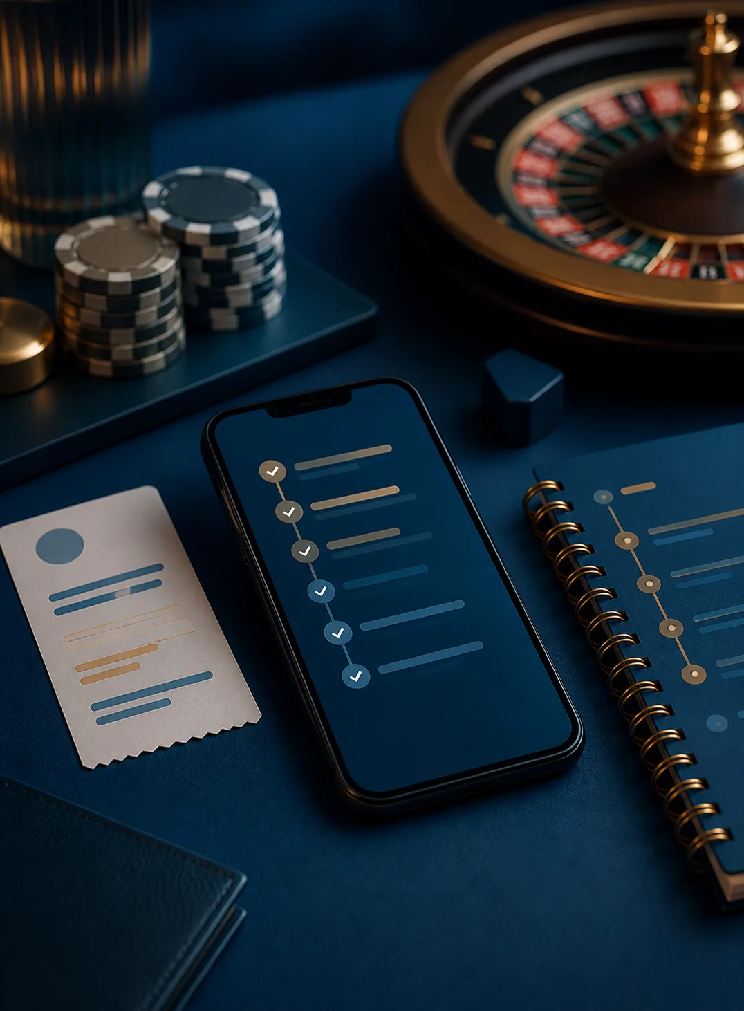 Celular, comprovante e fichas representando etapas de pagamento